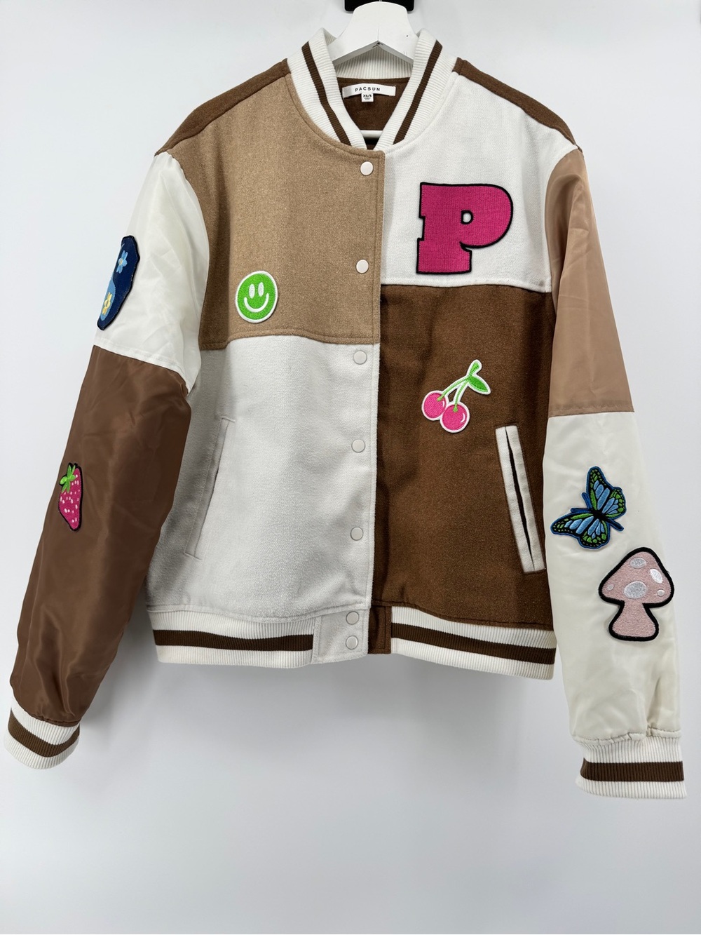 PacSun‎ Brown, Cream & Pink Patchwork Varsity Jacket
